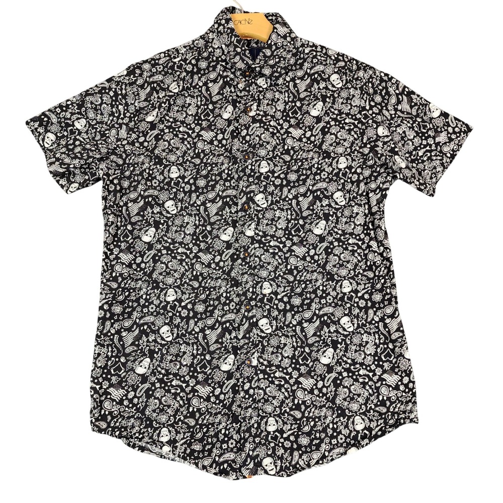 Rugby University Mens Small Black White Skull Paisley Bandana Print Button Shirt
